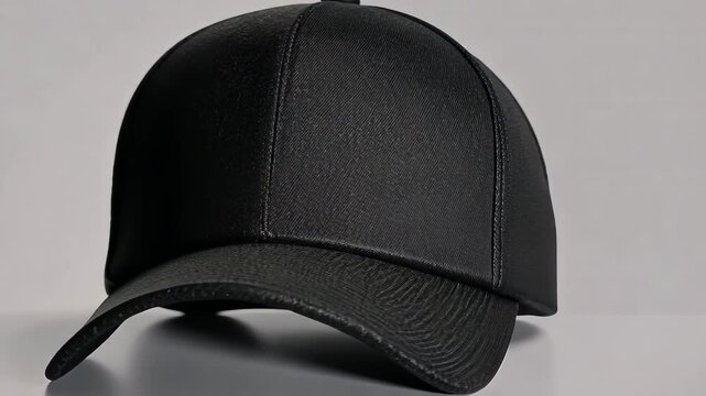 A sleek black baseball cap on a plain background, highlighting its classic design and minimalistic style ideal for casual wear.