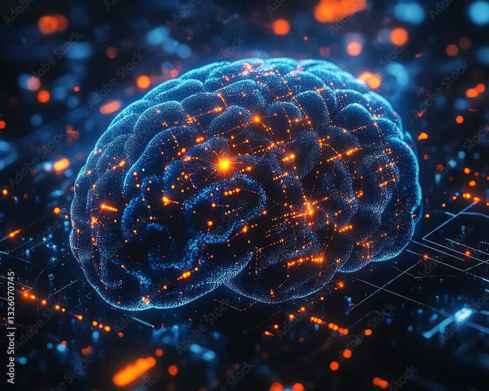 Fototapete Brain hologram with dynamic data visualization and glowing connections, set against a hightech digital background, symbolizing futuristic AI and neural science