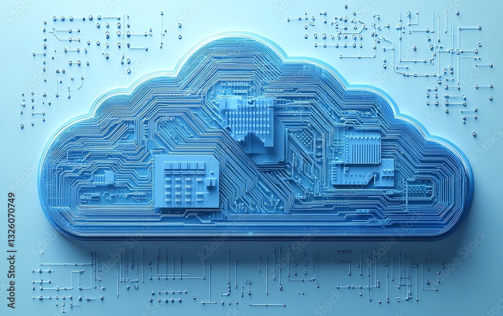 Poster Blue cloud computing icon with circuit design on a light blue background, 3D rendering, symbolizing advanced technology and digital infrastructure