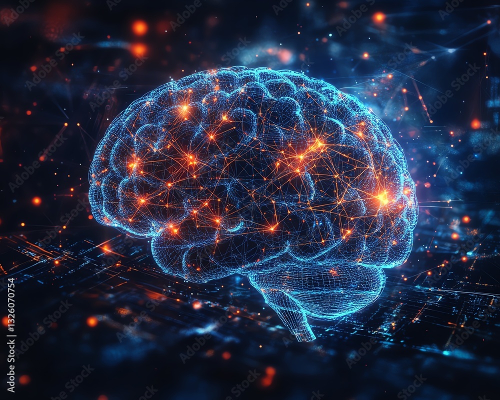 Aufkleber Brain hologram with dynamic data visualization and glowing connections, set against a hightech digital background, symbolizing futuristic AI and neural science