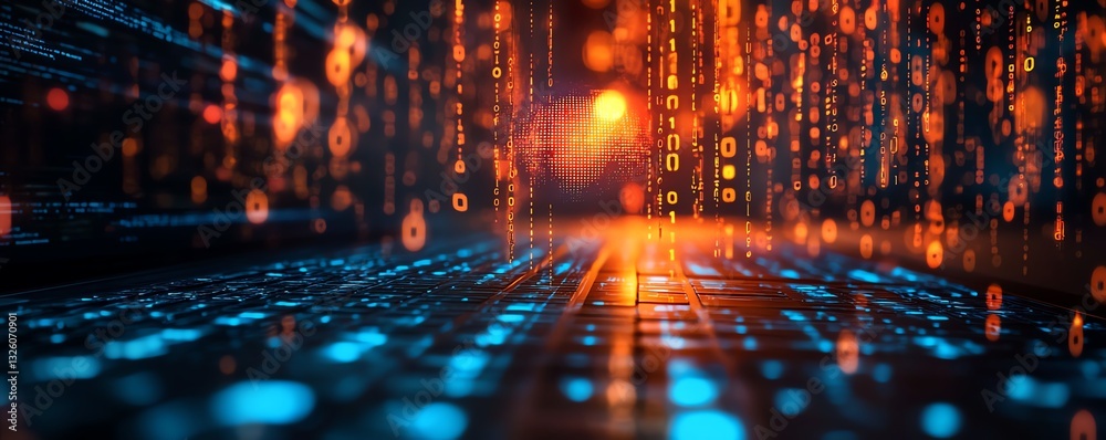Aufkleber Closeup of office desk with laptop, glowing AI hologram, and floating binary codes on a blurry background, symbolizing technology, AI, and programming in double exposure