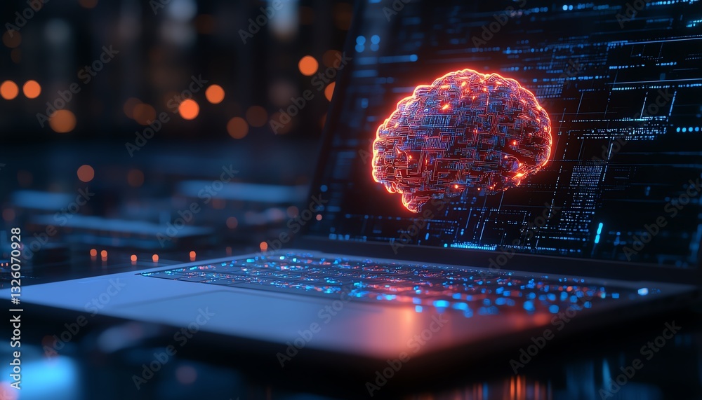 Poster Closeup of office desktop with laptop, glowing blurry AI hologram, and binary coding on a blurry background, double exposure, representing artificial intelligence and programming