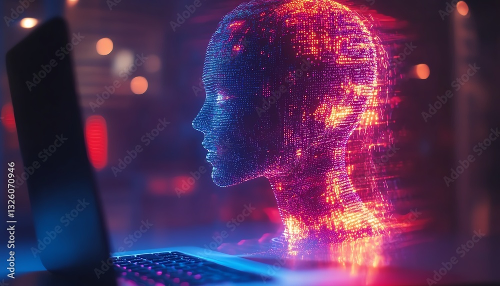 Aufkleber Closeup of office desktop with laptop, glowing blurry AI hologram, and binary coding on a blurry background, double exposure, representing artificial intelligence and programming