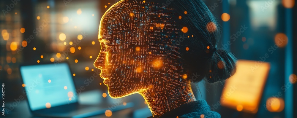 Poster Closeup of office desktop with laptop, glowing blurry AI hologram, and binary coding on a blurry background, double exposure, representing artificial intelligence and programming