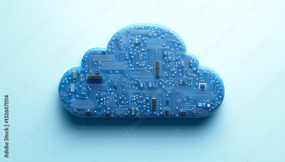 Poster Cloud computing icon in blue with circuit design elements, 3D rendered on a light blue background, illustrating modern digital transformations and data services