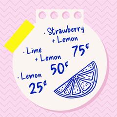Lemonade Trendy poster, banner, card concept. Design template with hand drawn illustration in doodle style. Lemon drink with hand written price and menu. Lettering for branding, AD, social media post