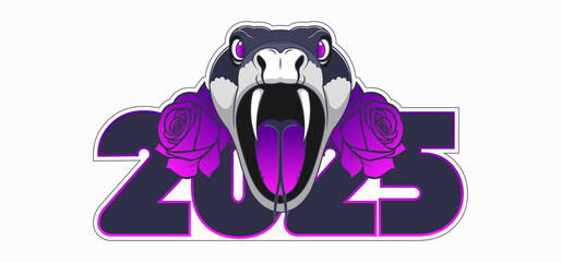 Vector sticker. Scary horrible snake head with open fanged mouth. Purple pink roses. 2025. Dark reptile. Symbol of year