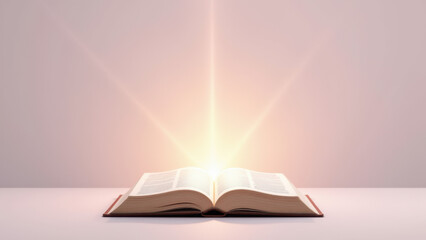 Open Bible with glowing light on a table.