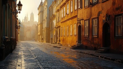 Obraz premium European city street at sunrise, cobblestone alleyway, historic buildings, misty background