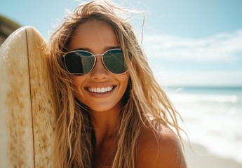 A beautiful woman with blonde hair and sunglasses smiles while holding her surfboard on the beach, on a sunny day.