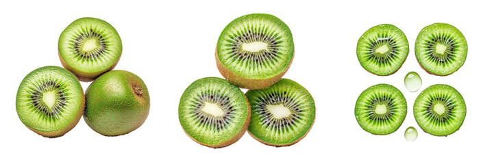 Fototapeta premium Sliced kiwis showcase vibrant green flesh and small black seeds, highlighting their juicy texture and unique appearance.