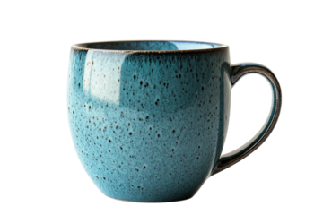 Speckled turquoise ceramic cup on clear background