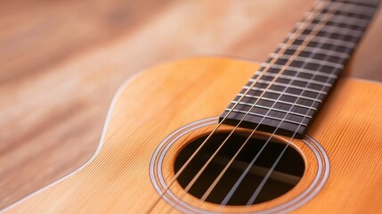 Obraz premium A close-up of a wooden guitar showcasing its strings, fretboard, and circular soundhole, highlighting craftsmanship and musicality.