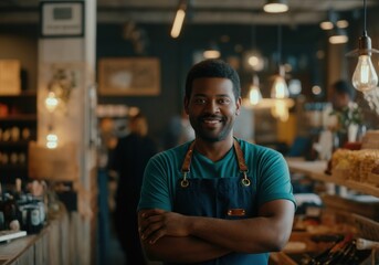 Fototapeta premium Smiling man in an apron standing confidently in a cozy café setting