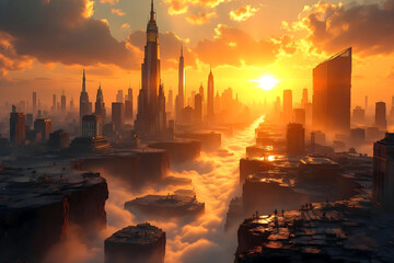 Ville futuriste au coucher du soleil avec une atmosphère apocalyptique