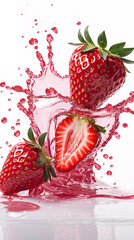 Fresh strawberries bursting with strawberry juice splash on white background for bright high energy food photography Stock Photo Image Fruits Presentation