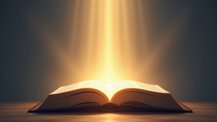 Open Bible with glowing rays symbolizing inspiration, faith, and enlightenment.