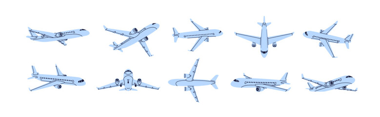Airplane set. Aircraft from different views, top, side, front and bottom angles, positions, fly maneuvers. Passenger plane, transport in air, flight, landing, taking off. Flat vector illustration © Good Studio