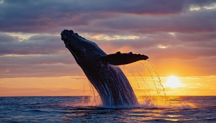 A humpback whale leaps from the water, creating a splash as the sun sets on the horizon. The sky is painted with warm hues, enhancing the breathtaking moment