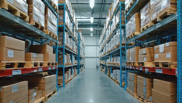 Tall shelves filled with neatly stacked boxes and pallets create a well-organized storage area. Bright lights illuminate the spacious warehouse, revealing a clear aisle for movement