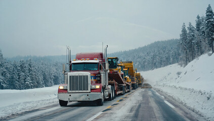 A convoy of large trucks navigates a snowy road in a mountainous area. The vehicles are carrying construction equipment amidst tall pine trees dusted with snow
