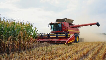 A large harvesting machine is efficiently collecting corn from a field in a rural area. Dust fills the air as the equipment moves along the rows of tall corn plants under an overcast sky