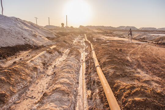 Pipes used for salt harvesting by lake Afdera in Afar region, Ethiopia