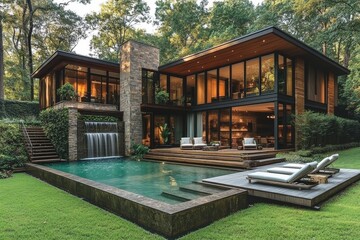 Fototapeta premium Ultra-modern home in Paris Hill, Georgia with pool, lush green grass, white lounge chairs, stone waterfall feature, and sleek concrete and steel design.