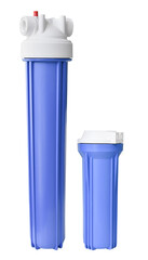  Set three of cartridges for water filter with clear glass of water. Concept of water treatment...