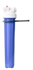  Set three of cartridges for water filter with clear glass of water. Concept of water treatment...