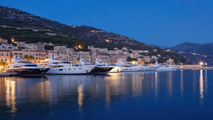 In the warm evening light, several luxury yachts rest peacefully at a marina, reflecting off the calm water. The picturesque mountains create a serene backdrop