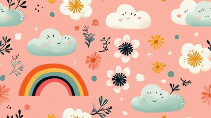 Seamless pattern with Bright cloud and flower pattern with rainbow