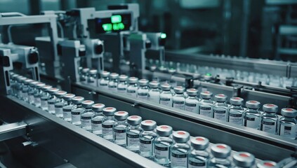 Vials of vaccines are seen moving along a conveyor belt in a modern production facility. The environment is clean and sterile, showcasing advanced technology in operation