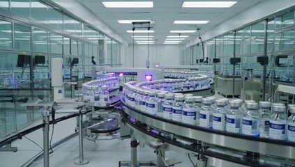 A state-of-the-art vaccine production line operates in a clean and organized facility