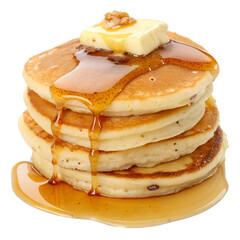 Stack of pancakes drizzled with syrup isolated on transparent background