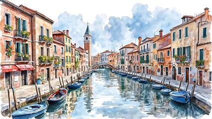 Obraz premium Watercolor Canal Scene: Boats, Buildings, and Bridges