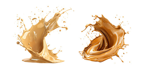 Dynamic splashes of rich, creamy liquid create an enticing visual. Perfect for advertisements or culinary designs. PNG, Cutout, or clipping path.