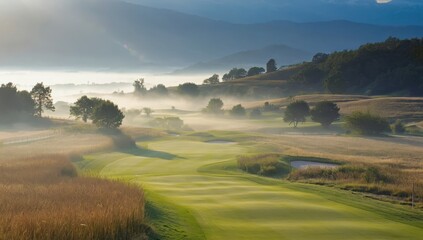 Fototapeta premium Gentle mists rise over a beautifully manicured golf course at dawn. The lush green fairways contrast with golden fields and distant hills under a soft, morning light
