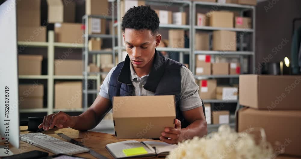 Poster Small business, computer and man with order, typing and preparing of product with label and logistics. Warehouse, entrepreneur and person with boxes for supply chain, ecommerce and planning for store
