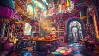 Obraz premium Whimsical, colorful interior design. A vibrant bar area with unique architecture and eclectic decor. Artistic home, fantasy room.