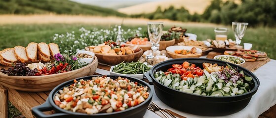 Exquisite Outdoor Feast Display with Assorted Dishes in Bowls and Wood Trays at Picnic Event