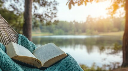 Serene Lakeside Hammock Relaxation with Open Book