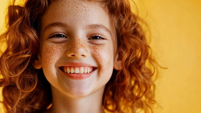 Joyful child with curly hair smiling against a vibrant yellow background