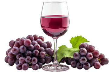 Fresh red wine and ripe grapes on clear backdrop