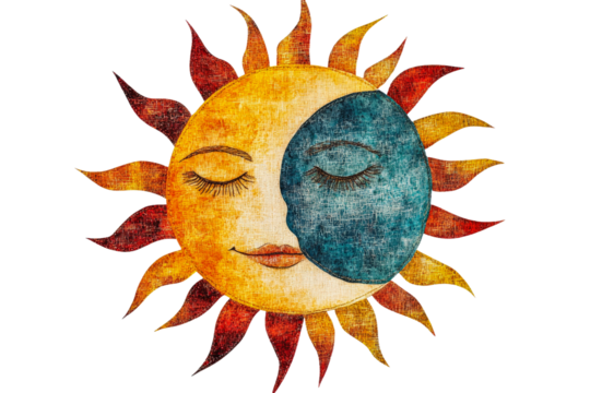 Colorful sun and moon design with a tranquil expression