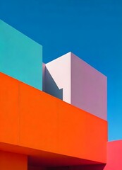 A minimalist architectural photograph of a vibrant building facade under a deep blue sky. The bold, contrasting colors are sharply divided by clean lines, while a shadow slices diagonally 