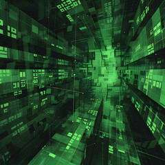 Obraz premium A perspective view of a digital green data tunnel, showcasing an immersive and futuristic cyber landscape.