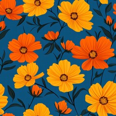 Seamless pattern with Vibrant floral pattern on blue background