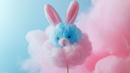 Sweet and charming bunny-shaped cotton candy on a stick, featuring soft pastel pink and blue colors and a wonderfully fluffy and airy texture