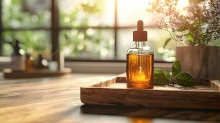 A glass bottle of facial oil resting on a wooden tray, with a drop of golden liquid hanging from the dropper, softly illuminated by golden-hour sunlight for a cozy, warm aesthetic, no text, no brand